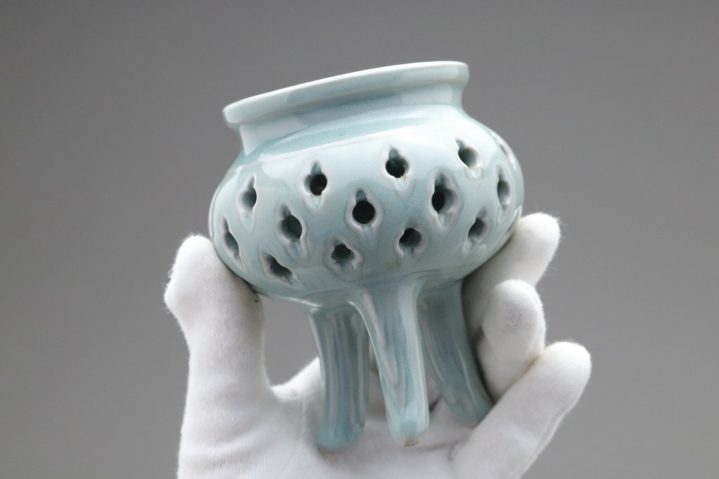 Celadon Incense Burner | Tripod Koro | Japanese Porcelain | Pierced Pottery | Green Asian Antique | Home Decor | Meditatoion Insert Catcher