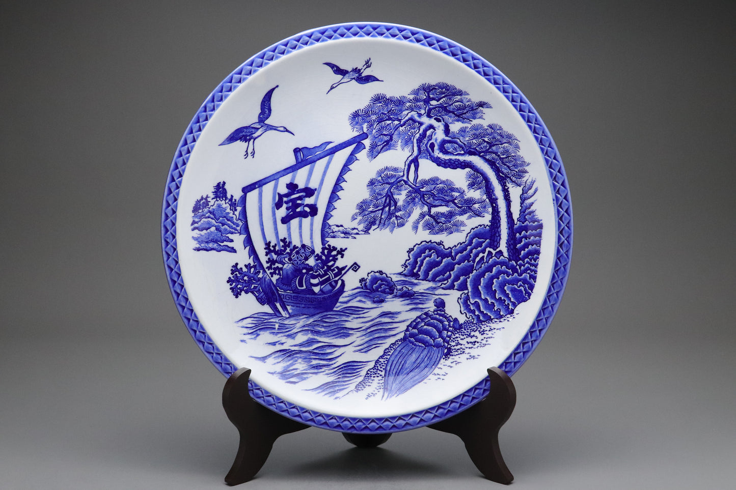 Japanese Porcelain Charger Blue and White | Sometsuke | Takarabune Treasure Ship | Cranes Pine Turtle | Auspicious Motif | Japan Art