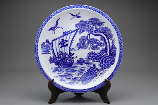Japanese Porcelain Charger Blue and White | Sometsuke | Takarabune Treasure Ship | Cranes Pine Turtle | Auspicious Motif | Japan Art