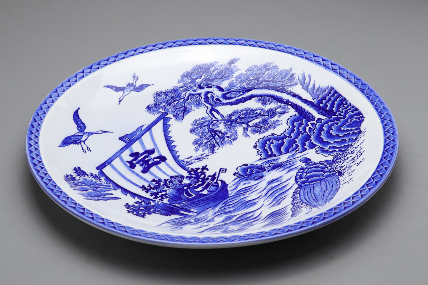 Japanese Porcelain Charger Blue and White | Sometsuke | Takarabune Treasure Ship | Cranes Pine Turtle | Auspicious Motif | Japan Art