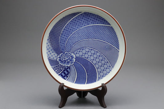 Japanese Arita Imari | Blue and White Porcelain | Large Depth Plate | Vintage Sometsuke | Peony Geometric | Asian Home Decor Charger Dishes