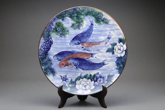 Large Japanese Porcelain Plate | Arita Warishima | Koi Fish Pond | Vintage Japan Dish | Blue White Pottery | Pine Peony Decorative Displays