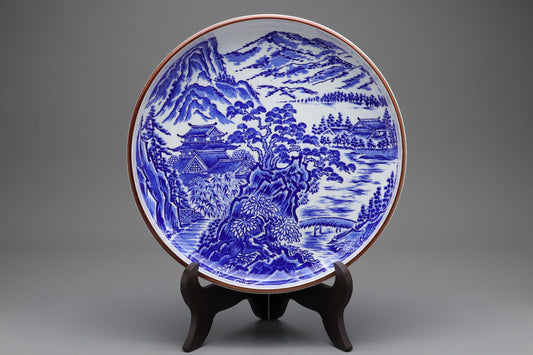 Japanese Porcelain Plate | Blue and White Large Bowl | Vintage Japan Sometsuke | Traditional Landscape Art | Home Decor Serving Dish Asians