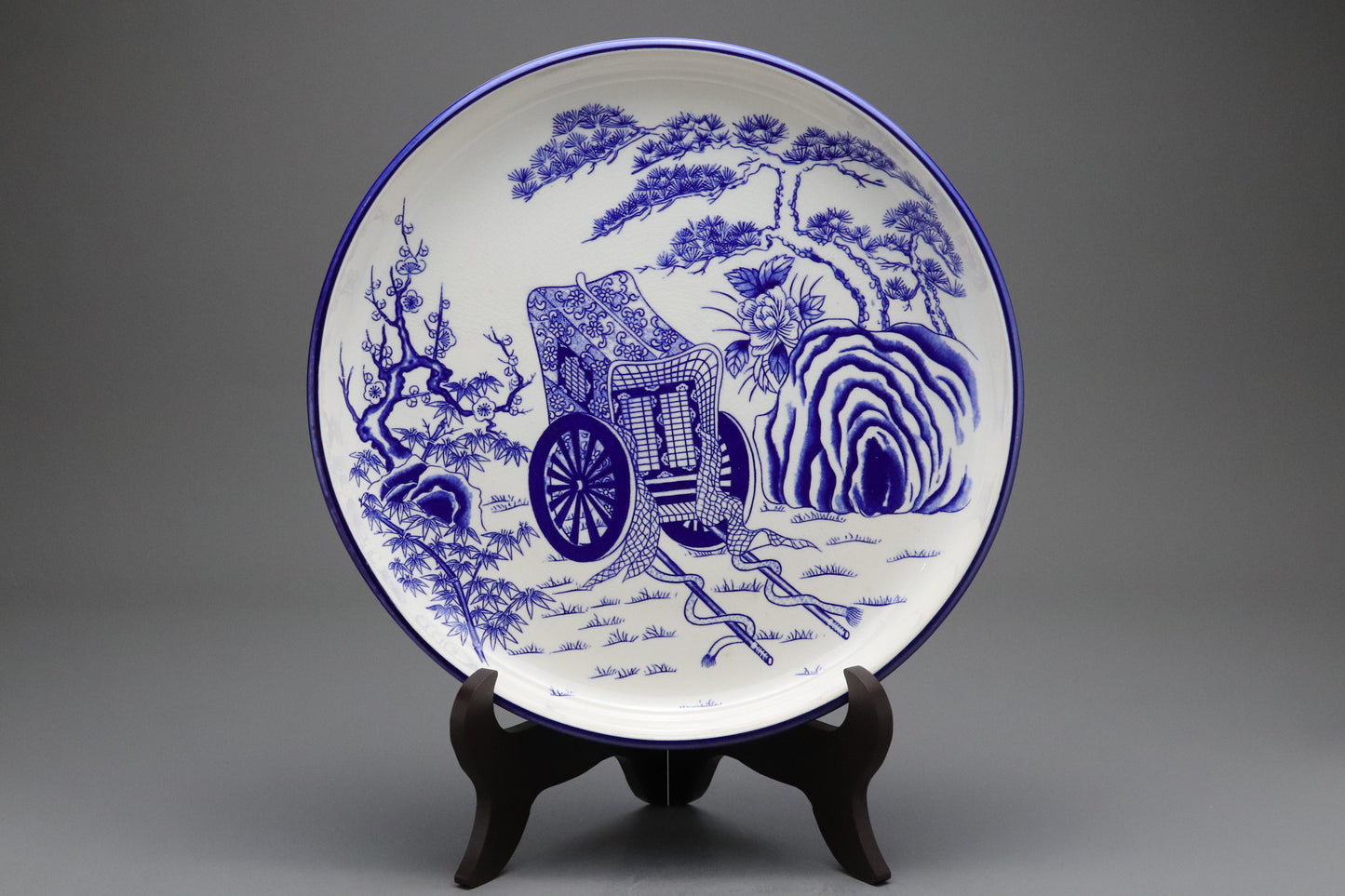 Japanese Blue and White Plate | Large Deep Charger | Imperial Ox Cart Ornament | Pine Bamboo Plum Peony | Traditional Porcelain Display Ware