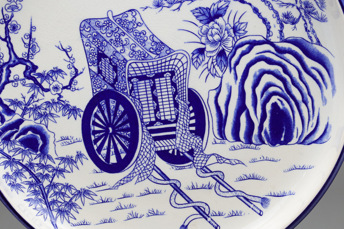 Japanese Blue and White Plate | Large Deep Charger | Imperial Ox Cart Ornament | Pine Bamboo Plum Peony | Traditional Porcelain Display Ware