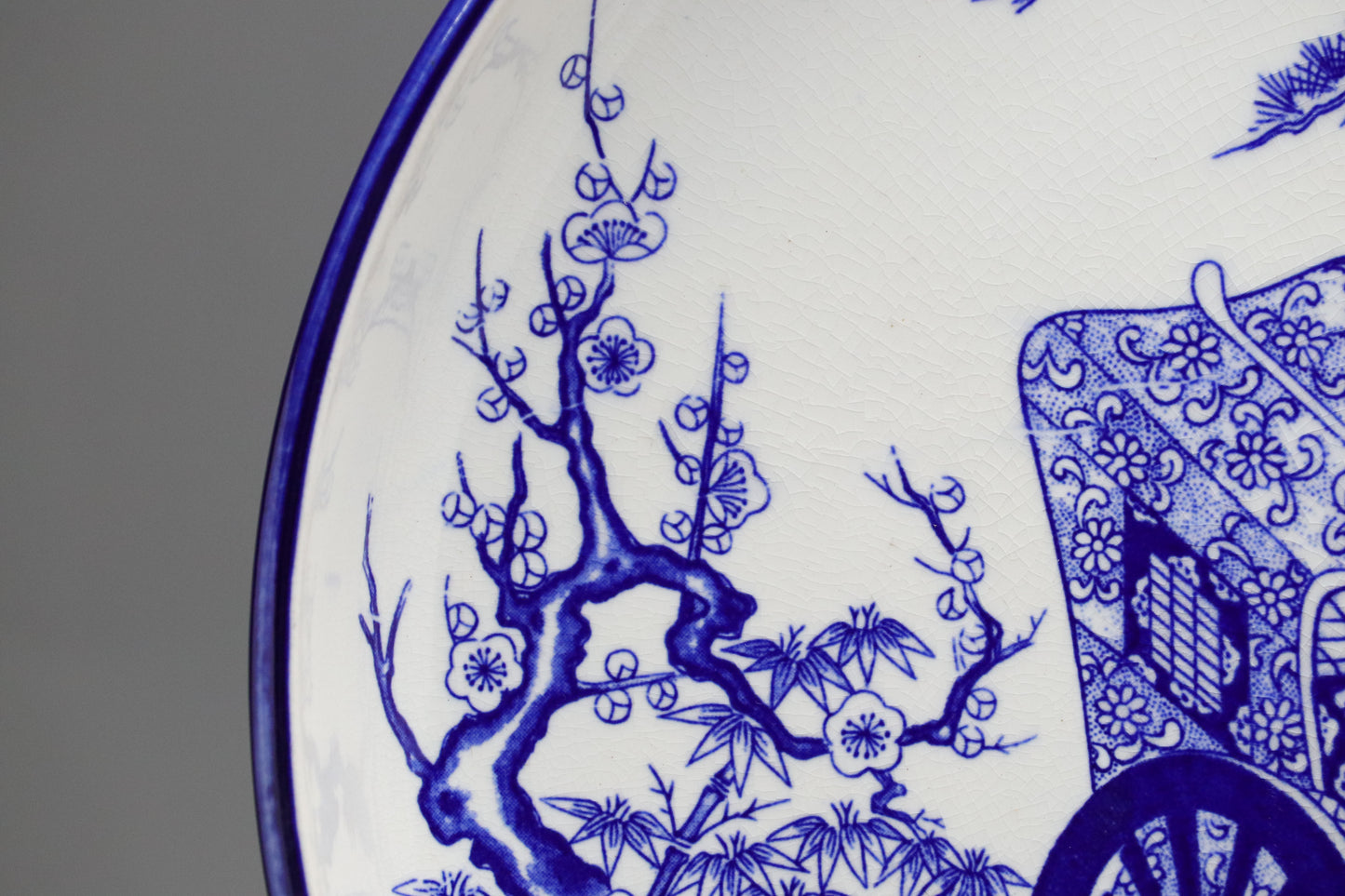 Japanese Blue and White Plate | Large Deep Charger | Imperial Ox Cart Ornament | Pine Bamboo Plum Peony | Traditional Porcelain Display Ware