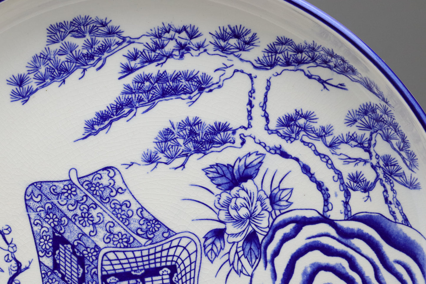 Japanese Blue and White Plate | Large Deep Charger | Imperial Ox Cart Ornament | Pine Bamboo Plum Peony | Traditional Porcelain Display Ware