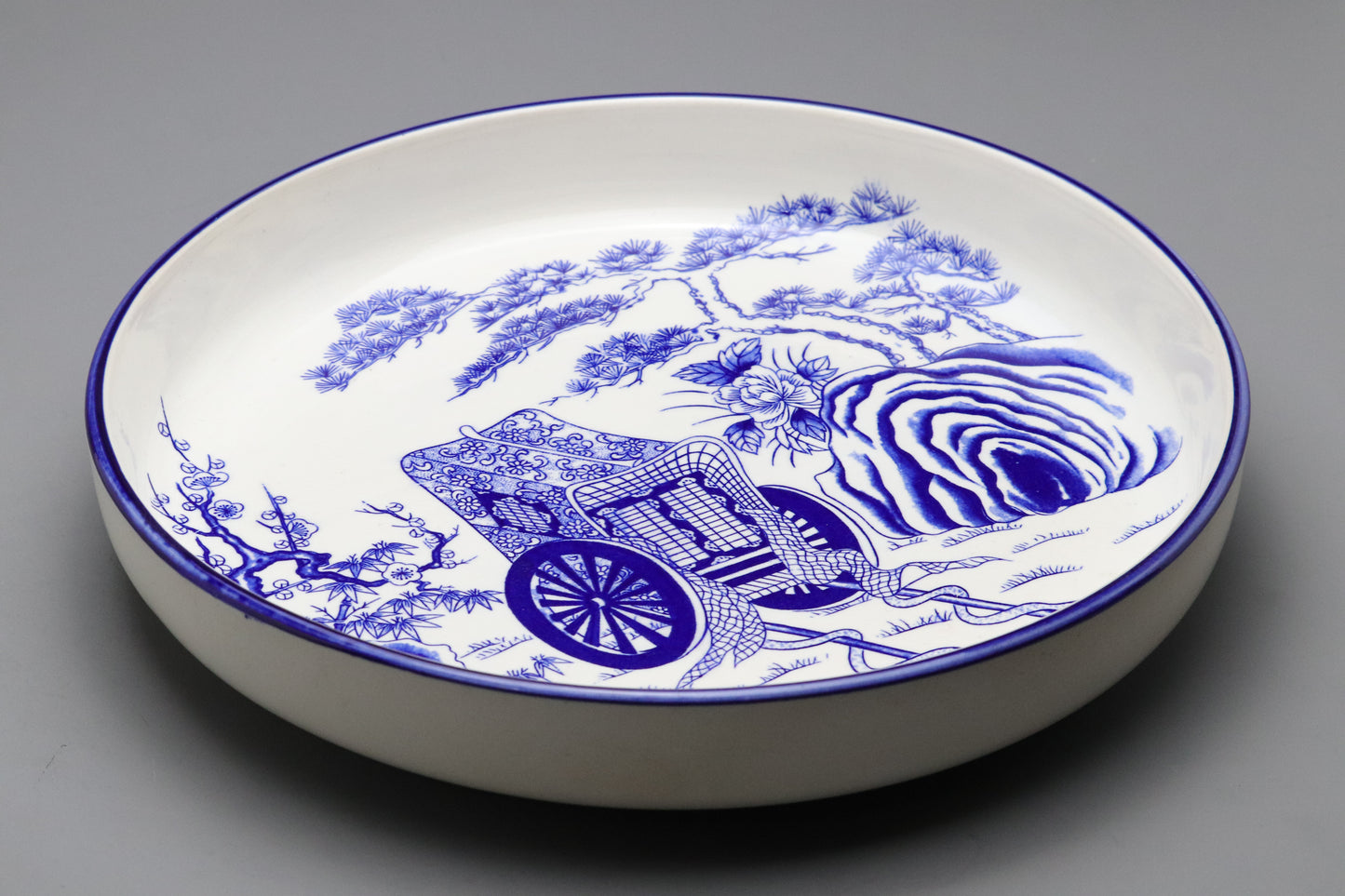 Japanese Blue and White Plate | Large Deep Charger | Imperial Ox Cart Ornament | Pine Bamboo Plum Peony | Traditional Porcelain Display Ware