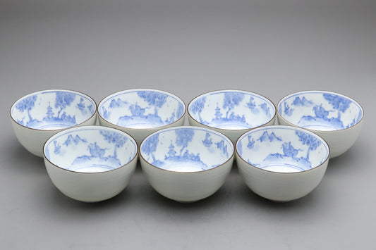 Arita style Tea Cup Set of 7 | Japanese Pottery blue and white | Sometsuke Landscape Porcelain Mug | Vintage Chanoyu Matcha Green Tea Bowls 7