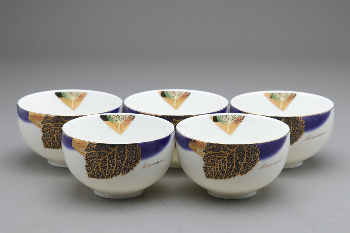 Vintage Japanese Kansai Fine China Tea Cup Set | 5 Piece Cobalt Blue Saucer Gold Leaf Porcelain | Modern Tableware Collectibles Jade Leaves