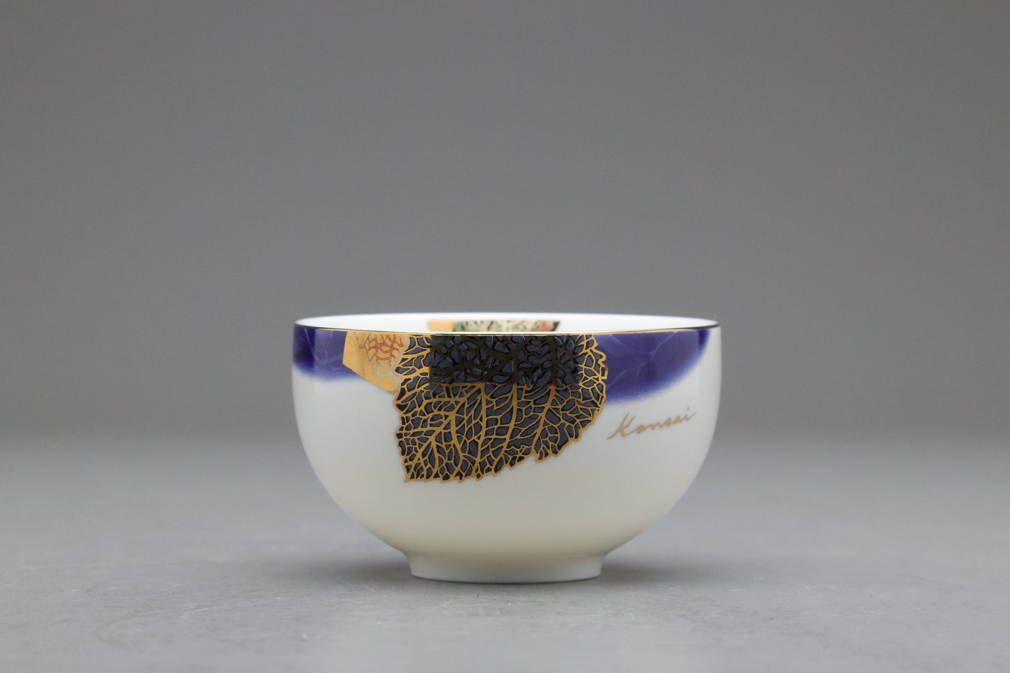 Vintage Japanese Kansai Fine China Tea Cup Set | 5 Piece Cobalt Blue Saucer Gold Leaf Porcelain | Modern Tableware Collectibles Jade Leaves