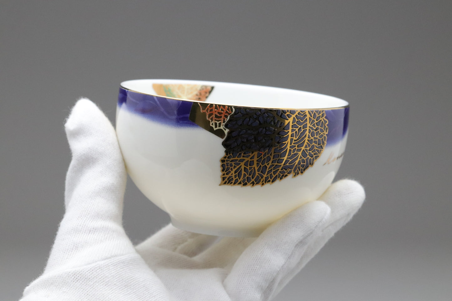 Vintage Japanese Kansai Fine China Tea Cup Set | 5 Piece Cobalt Blue Saucer Gold Leaf Porcelain | Modern Tableware Collectibles Jade Leaves