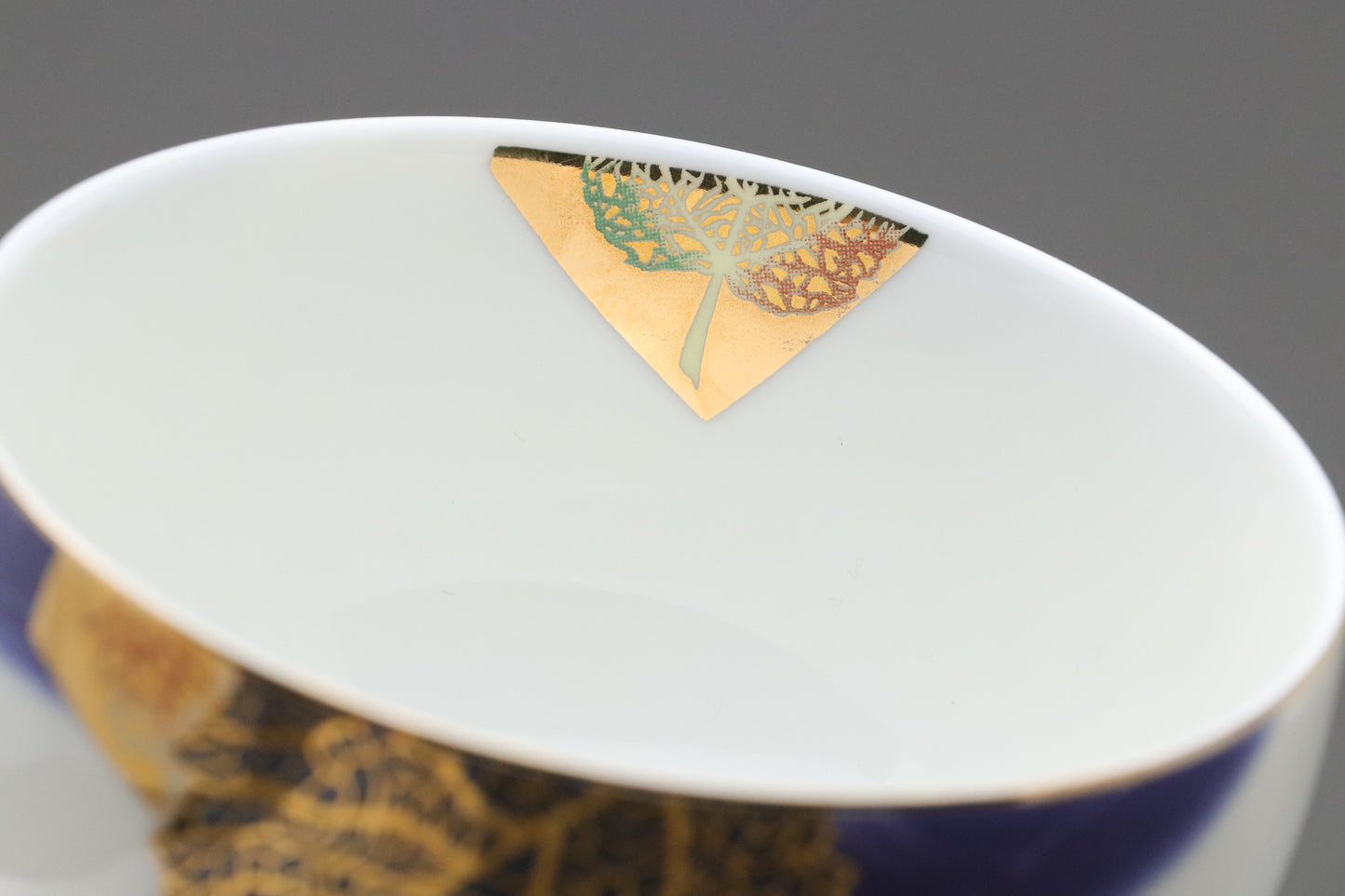 Vintage Japanese Kansai Fine China Tea Cup Set | 5 Piece Cobalt Blue Saucer Gold Leaf Porcelain | Modern Tableware Collectibles Jade Leaves