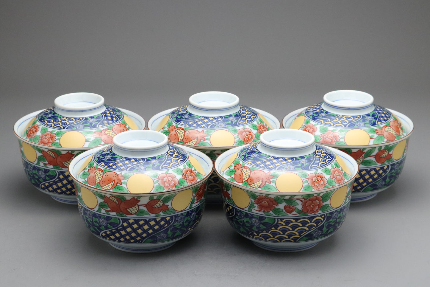 Japanese Arita Imari Bowls set of 5 with Lids | Porcelain Rice Bowl | Vintage Japan Tableware | Antique Soup Bowl Made in Japan Handmade Art