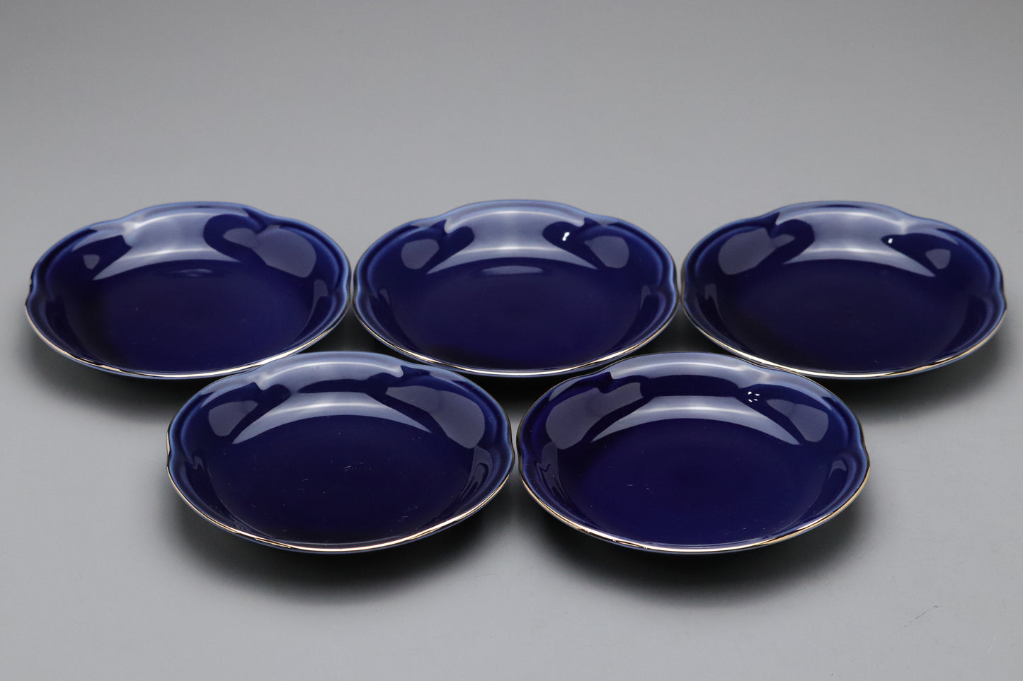 Vintage Japanese Kansai Fine China Tea Cup Set | 5 Piece Cobalt Blue Saucer Gold Leaf Porcelain | Modern Tableware Collectibles Jade Leaves