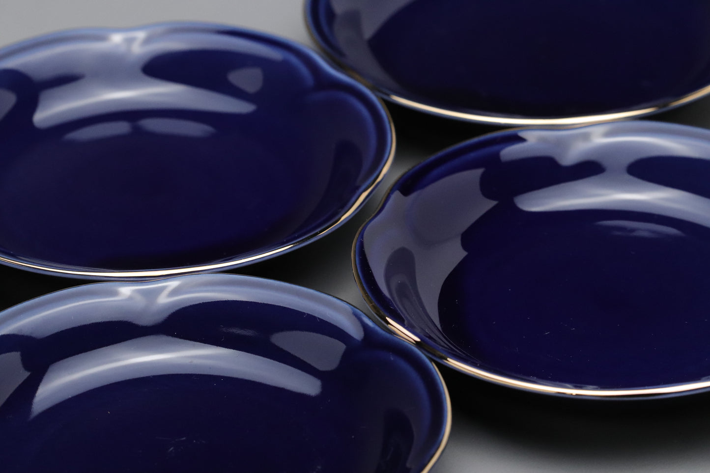 Vintage Japanese Kansai Fine China Tea Cup Set | 5 Piece Cobalt Blue Saucer Gold Leaf Porcelain | Modern Tableware Collectibles Jade Leaves