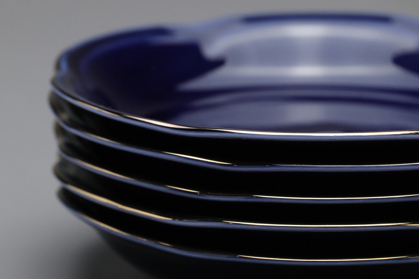 Vintage Japanese Kansai Fine China Tea Cup Set | 5 Piece Cobalt Blue Saucer Gold Leaf Porcelain | Modern Tableware Collectibles Jade Leaves