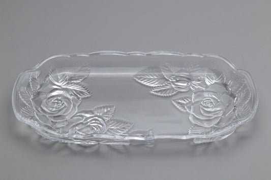 Vintage Japanese Soga Glass Mid Winter Rose Tray | Clear Crystal Rectangular Platter | Embossed Floral Serving Dish | Kitchen Decor Servings