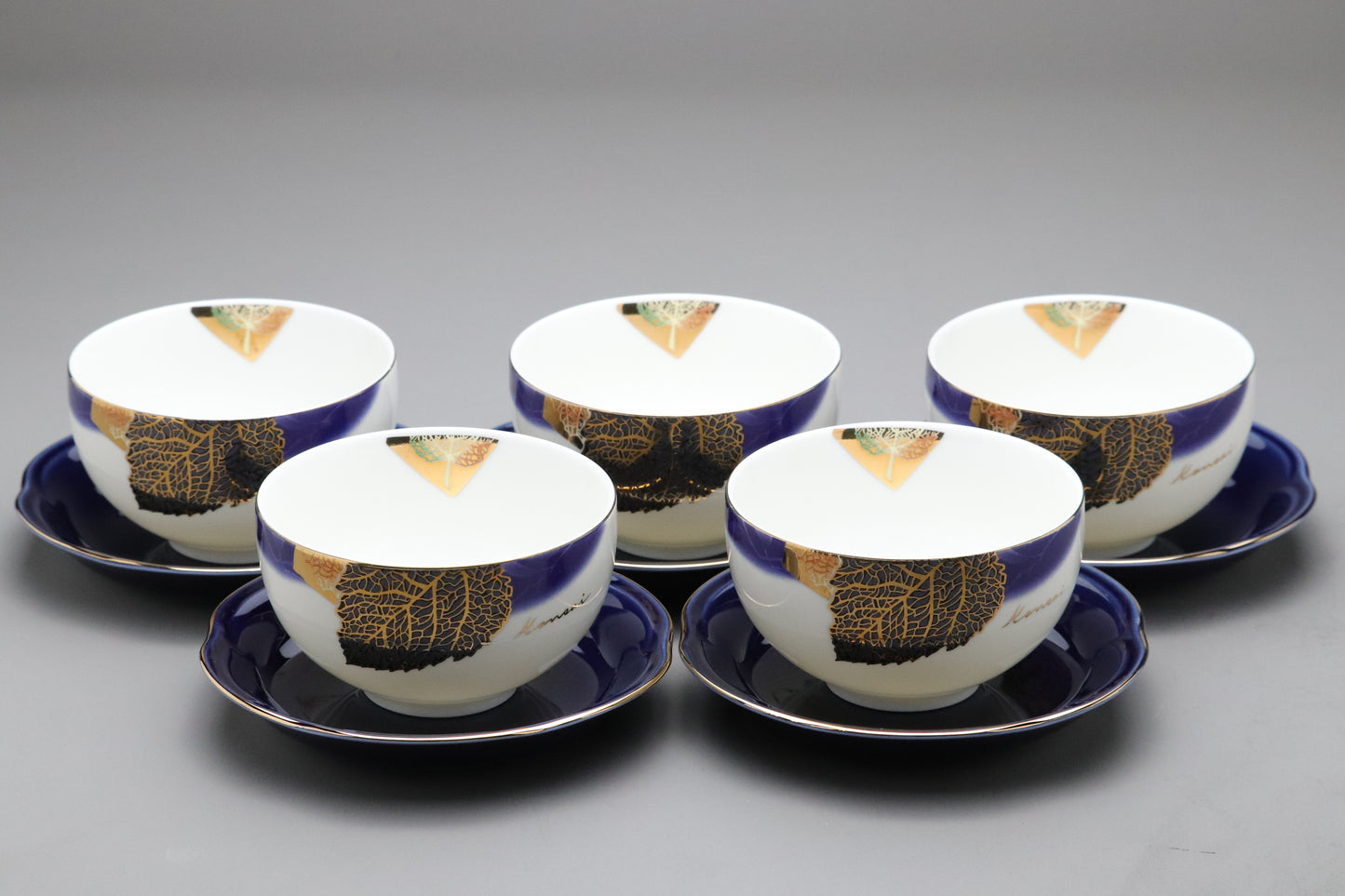 Vintage Japanese Kansai Fine China Tea Cup Set | 5 Piece Cobalt Blue Saucer Gold Leaf Porcelain | Modern Tableware Collectibles Jade Leaves