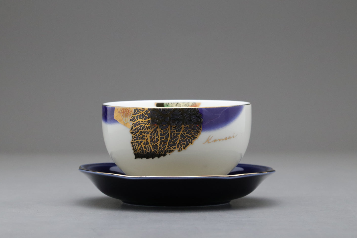 Vintage Japanese Kansai Fine China Tea Cup Set | 5 Piece Cobalt Blue Saucer Gold Leaf Porcelain | Modern Tableware Collectibles Jade Leaves
