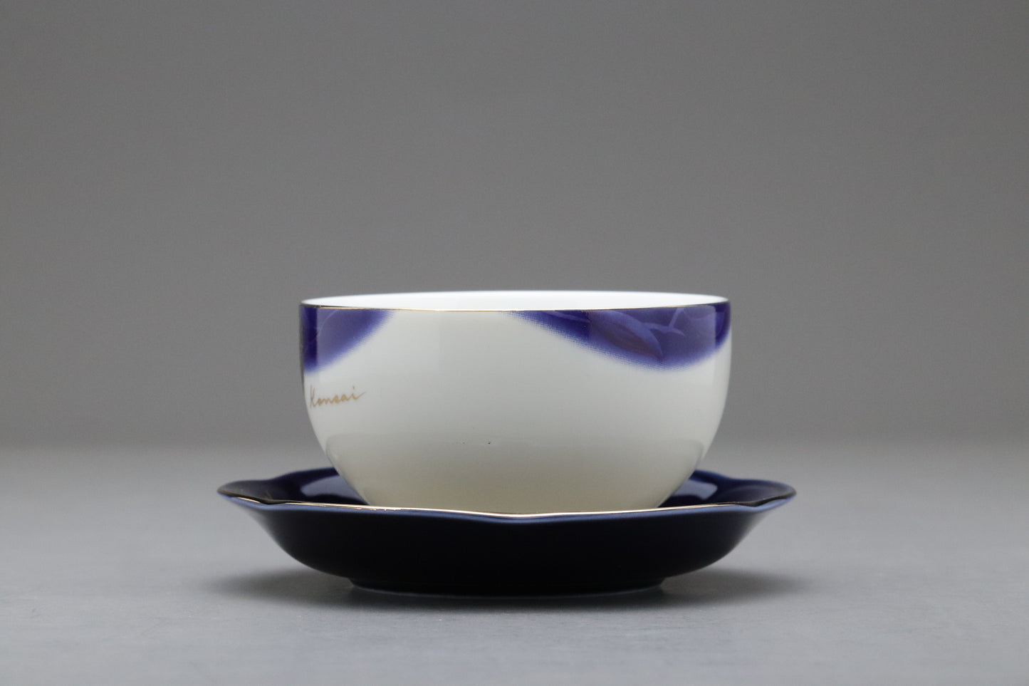 Vintage Japanese Kansai Fine China Tea Cup Set | 5 Piece Cobalt Blue Saucer Gold Leaf Porcelain | Modern Tableware Collectibles Jade Leaves