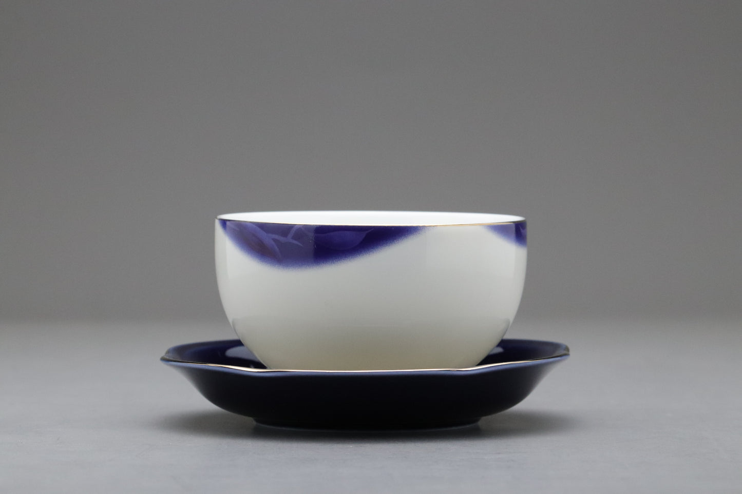 Vintage Japanese Kansai Fine China Tea Cup Set | 5 Piece Cobalt Blue Saucer Gold Leaf Porcelain | Modern Tableware Collectibles Jade Leaves