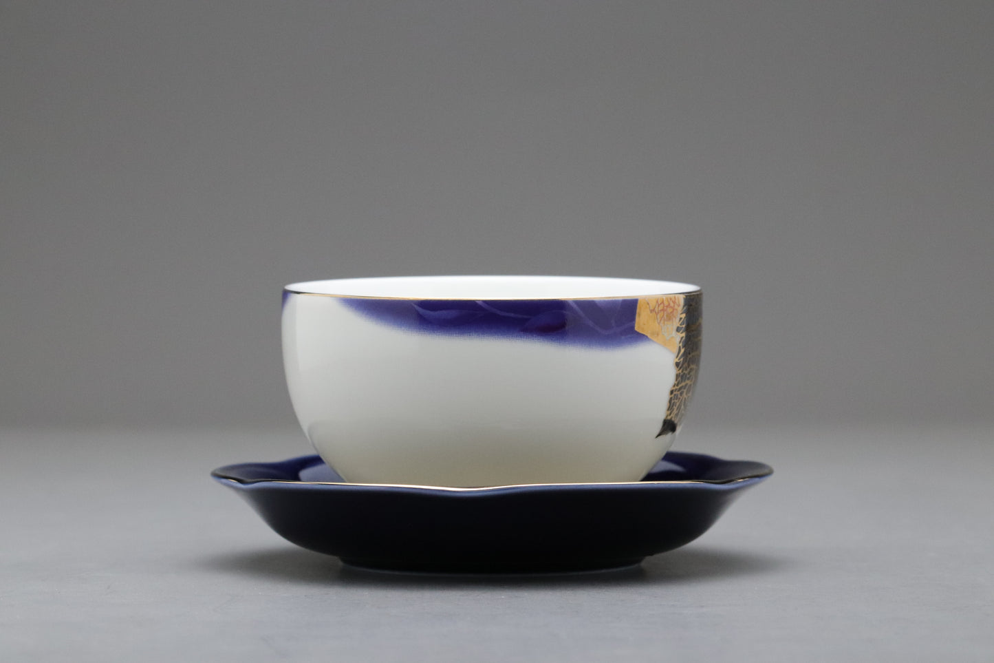 Vintage Japanese Kansai Fine China Tea Cup Set | 5 Piece Cobalt Blue Saucer Gold Leaf Porcelain | Modern Tableware Collectibles Jade Leaves