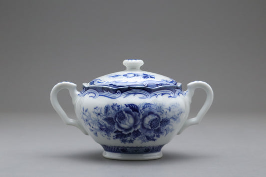 Blue Rose Porcelain Sugar Bowl with Lid | Vintage Fine China Japan Coffee Tea Service | Blue and White Rose Floral Tableware Kitchen Decor