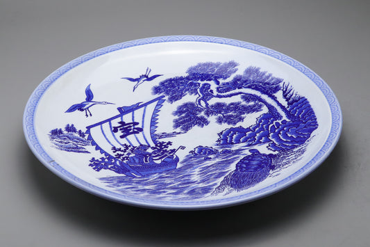 Japanese Porcelain Plate | Blue and White Large Charger | Traditional Treasure Ship | Vintage Asian Platter | Crane and Turtle Decor Arts
