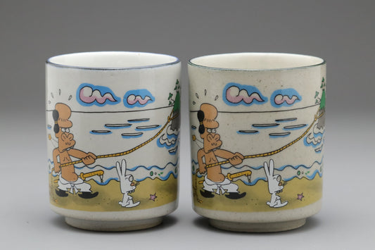 Japanese Vintage Yunomi Tea Cup Set of 2 | Iwami Yaki Pottery | Shunji Sonoyama Manga Art Giatrus | Cute Anime Collectible Teaware with Box