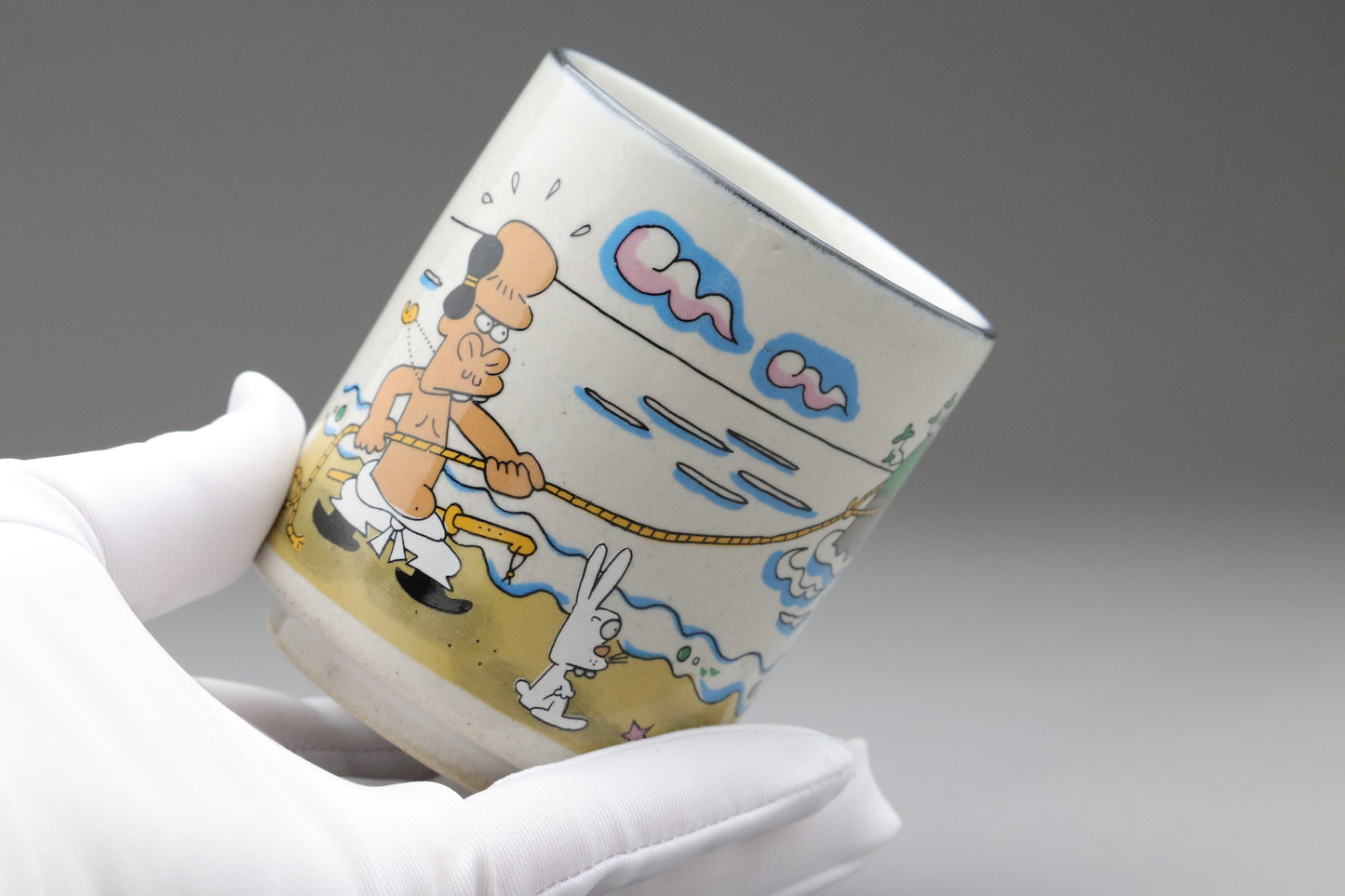 Japanese Vintage Yunomi Tea Cup Set of 2 | Iwami Yaki Pottery | Shunji Sonoyama Manga Art Giatrus | Cute Anime Collectible Teaware with Box