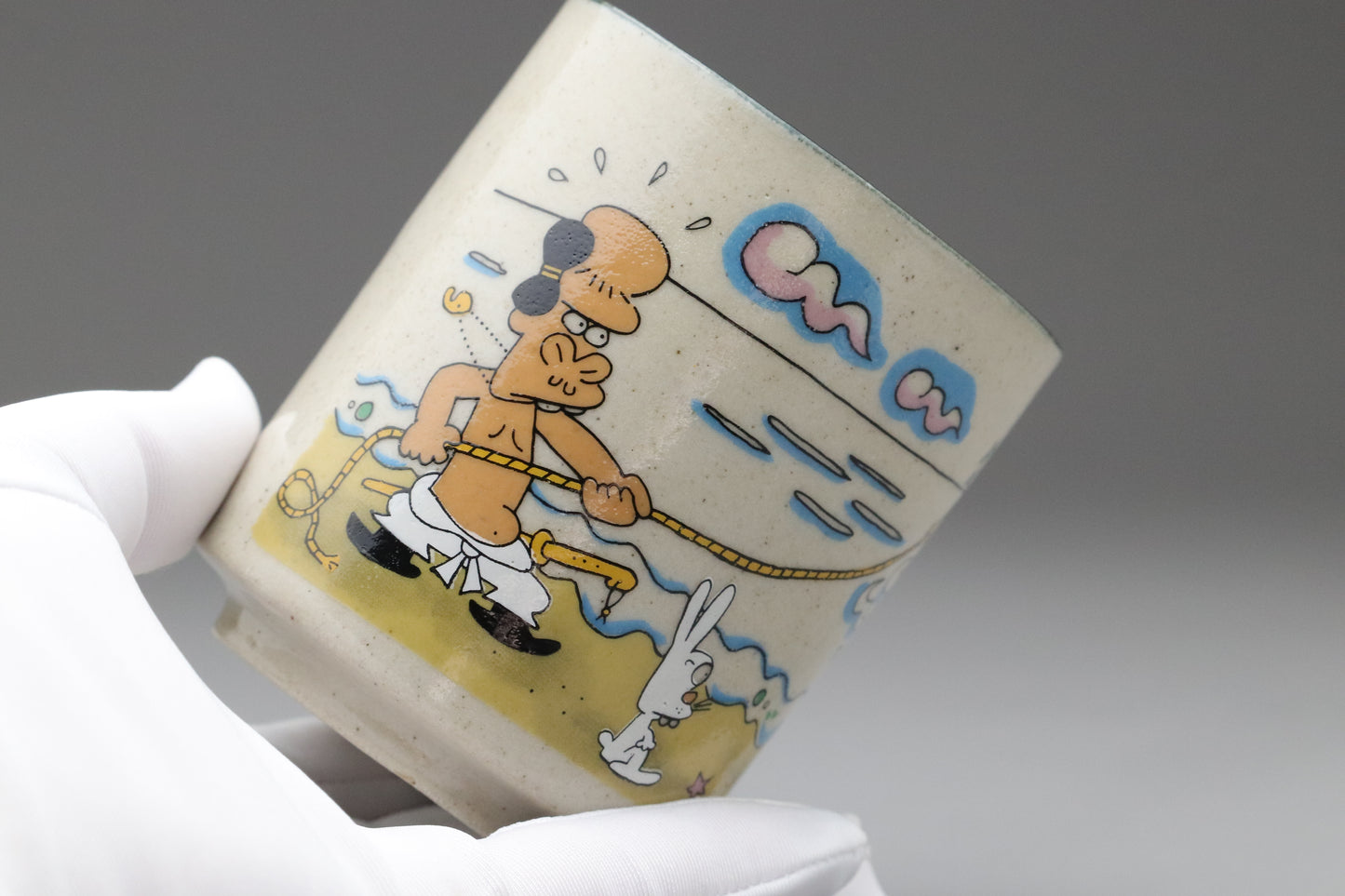 Japanese Vintage Yunomi Tea Cup Set of 2 | Iwami Yaki Pottery | Shunji Sonoyama Manga Art Giatrus | Cute Anime Collectible Teaware with Box