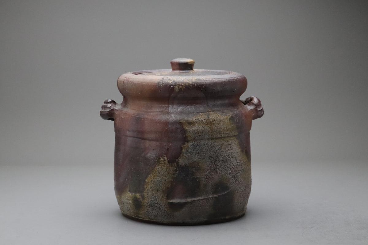 Antique Japanese Stoneware Water Jar | Shigaraki Mizusashi Tea Ceremony Pot | Vintage Signed Wooden Box | Rustic Wabi Sabi Art Vessel Bizen