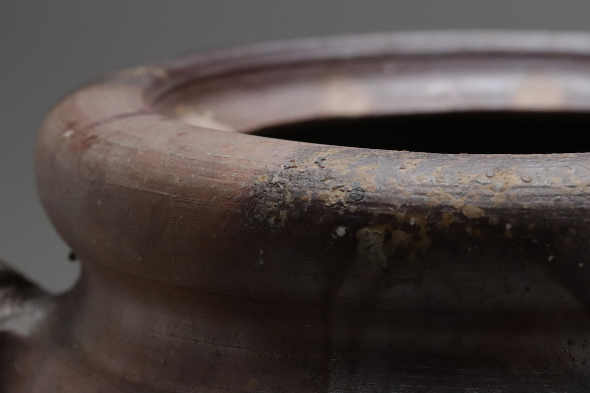 Antique Japanese Stoneware Water Jar | Shigaraki Mizusashi Tea Ceremony Pot | Vintage Signed Wooden Box | Rustic Wabi Sabi Art Vessel Bizen