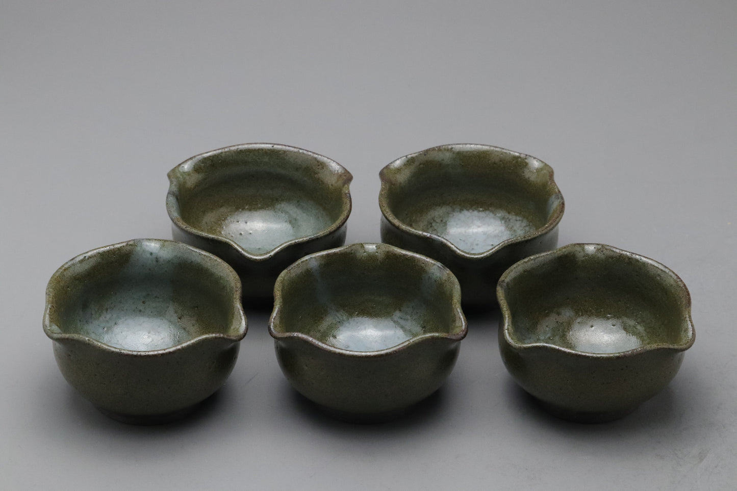 Japanese Small Bowls Set of 5 | Vintage Oribe Green Glaze | Katakuchi shape Sake Cup | Wabi Sabi Pottery Utsunomiya | Handmade Side Dish Lot 5