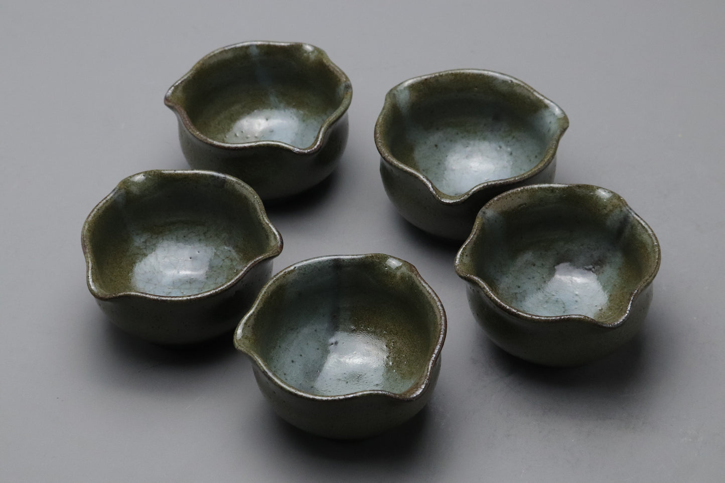 Japanese Small Bowls Set of 5 | Vintage Oribe Green Glaze | Katakuchi shape Sake Cup | Wabi Sabi Pottery Utsunomiya | Handmade Side Dish Lot 5