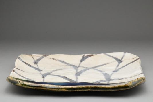 Japanese Mino Ware Plate, Handcrafted Ceramic Dish, Wabi-Sabi Aesthetics, Kusamon Glaze, Authentic Japanese Pottery, Blue & Green Glaze Art