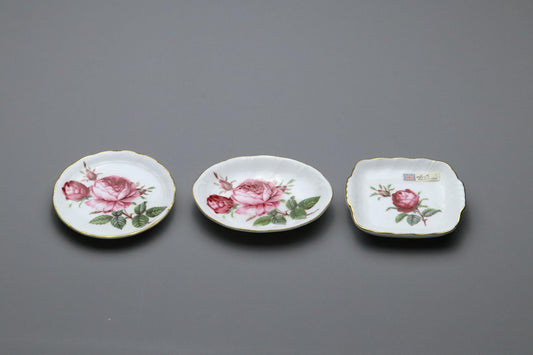 Masuda Arts Japan Porcelain Plates Set of 3 | Vintage Rose Pattern Small Dishes with Gilt Rim | Fine Bone China Tea Plates Floral