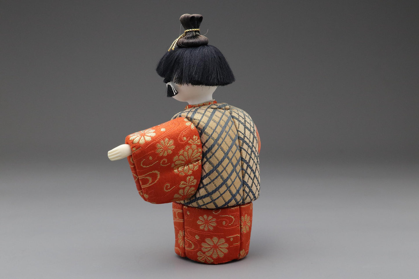 Japanese Kimekomi Boy Doll in Red Floral Kimono With Gold Check Vest – Handmade Traditional Figurine for Home Display or Cultural Art Decor