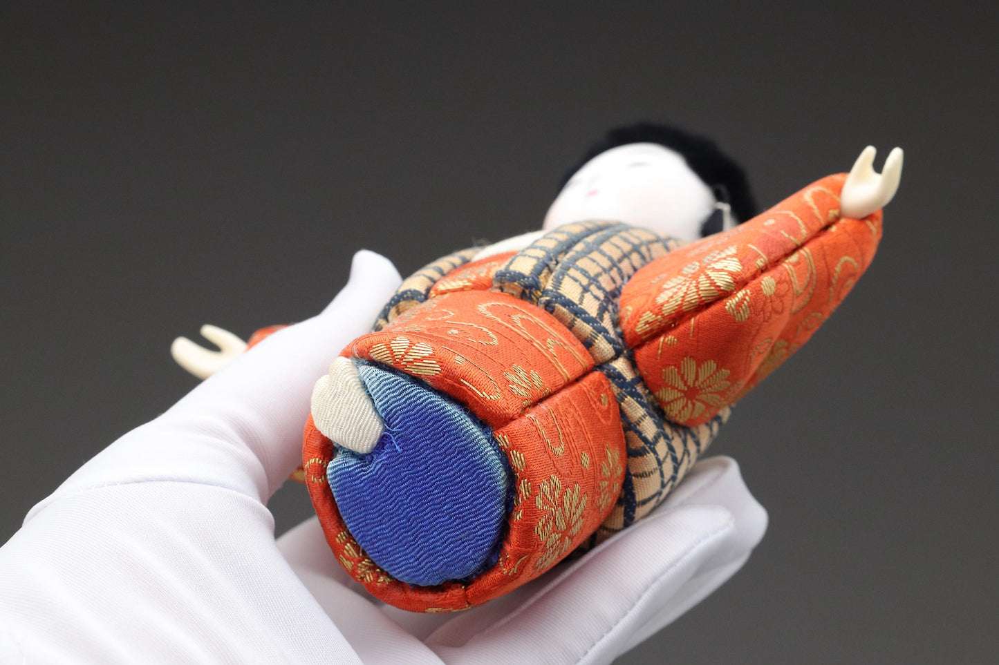 Japanese Kimekomi Boy Doll in Red Floral Kimono With Gold Check Vest – Handmade Traditional Figurine for Home Display or Cultural Art Decor