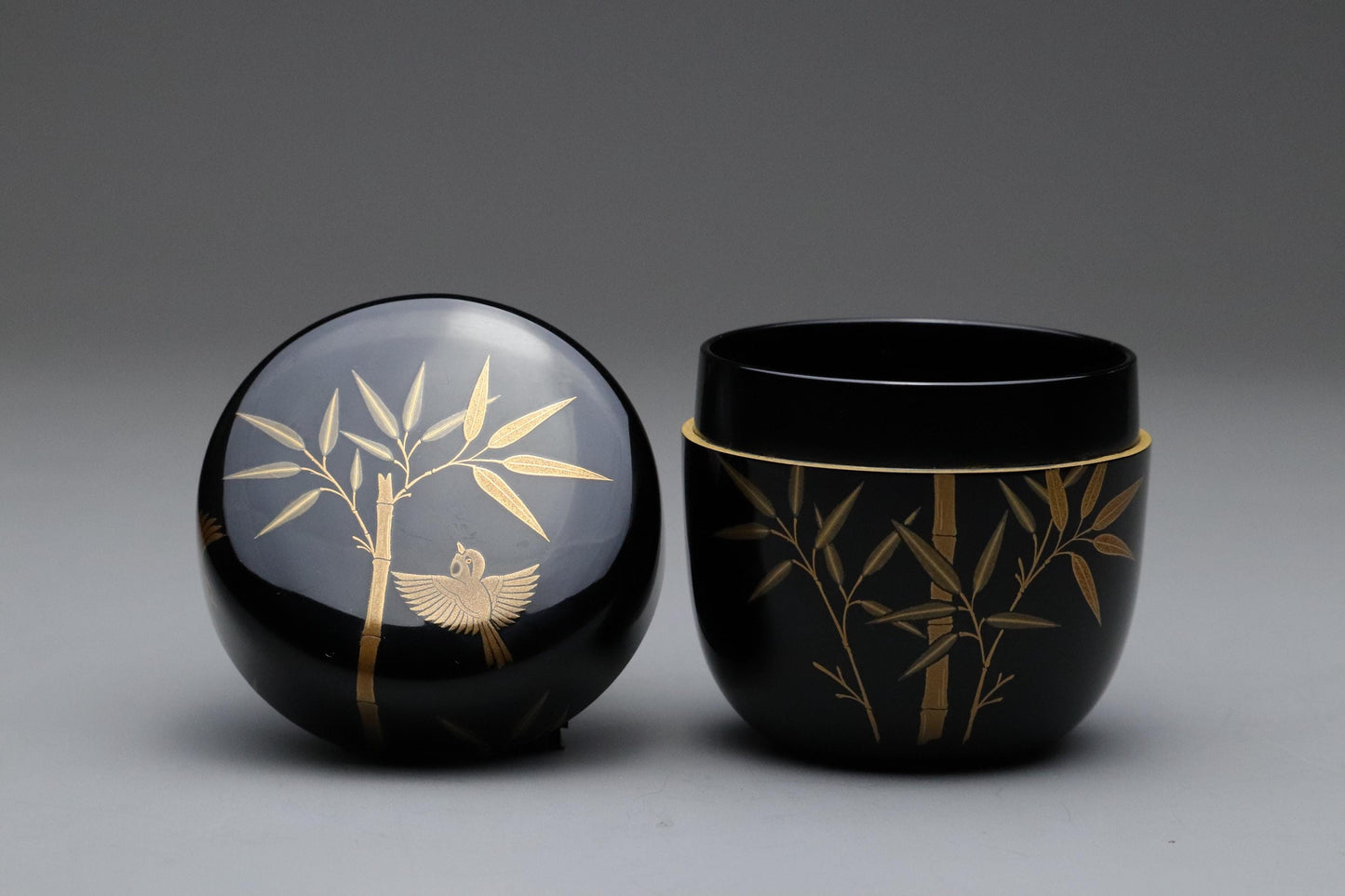 Authentic Wajima-nuri Natsume Tea Caddy Bamboo & Sparrow Makie Decor | Handmade Japanese Lacquerware for Matcha Tea Ceremony Artful Gift