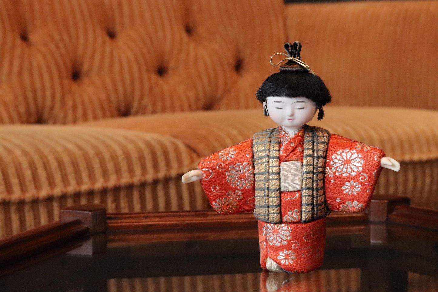Japanese Kimekomi Boy Doll in Red Floral Kimono With Gold Check Vest – Handmade Traditional Figurine for Home Display or Cultural Art Decor