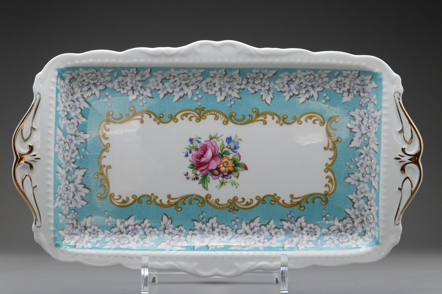 Royal Albert "Enchantment" Porcelain Serving Tray - Exquisite Vintage Blue Floral & Gold Handled Dish, English Bone China collectible
