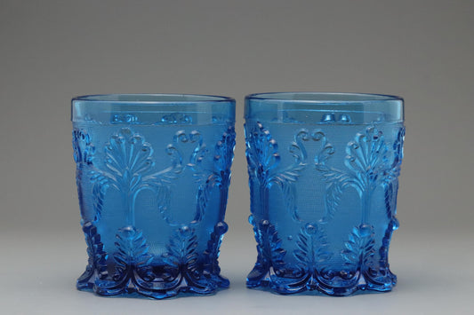 Vintage Style Blue Pressed Glass Tumblers Set of 2 – Baroque Shell Scroll Pattern – Art Deco Drinking Glasses – Retro Boho Glassware Japan
