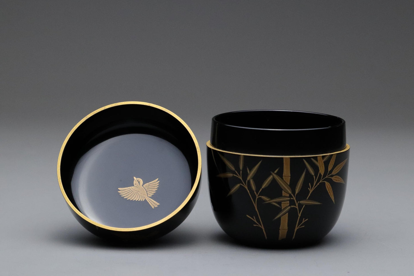 Authentic Wajima-nuri Natsume Tea Caddy Bamboo & Sparrow Makie Decor | Handmade Japanese Lacquerware for Matcha Tea Ceremony Artful Gift