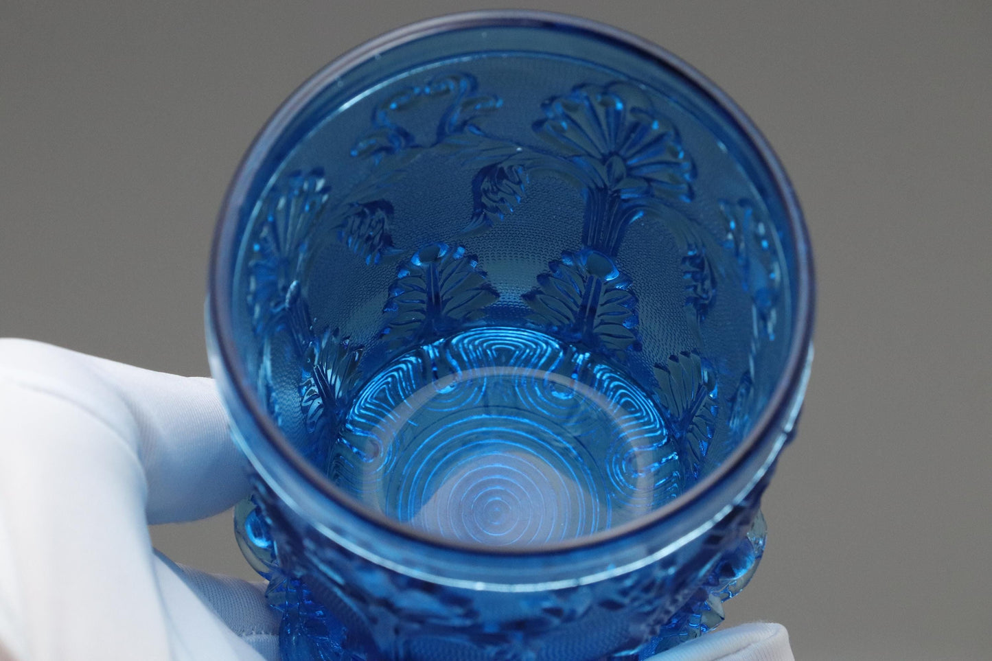 Vintage Style Blue Pressed Glass Tumblers Set of 2 – Baroque Shell Scroll Pattern – Art Deco Drinking Glasses – Retro Boho Glassware Japan