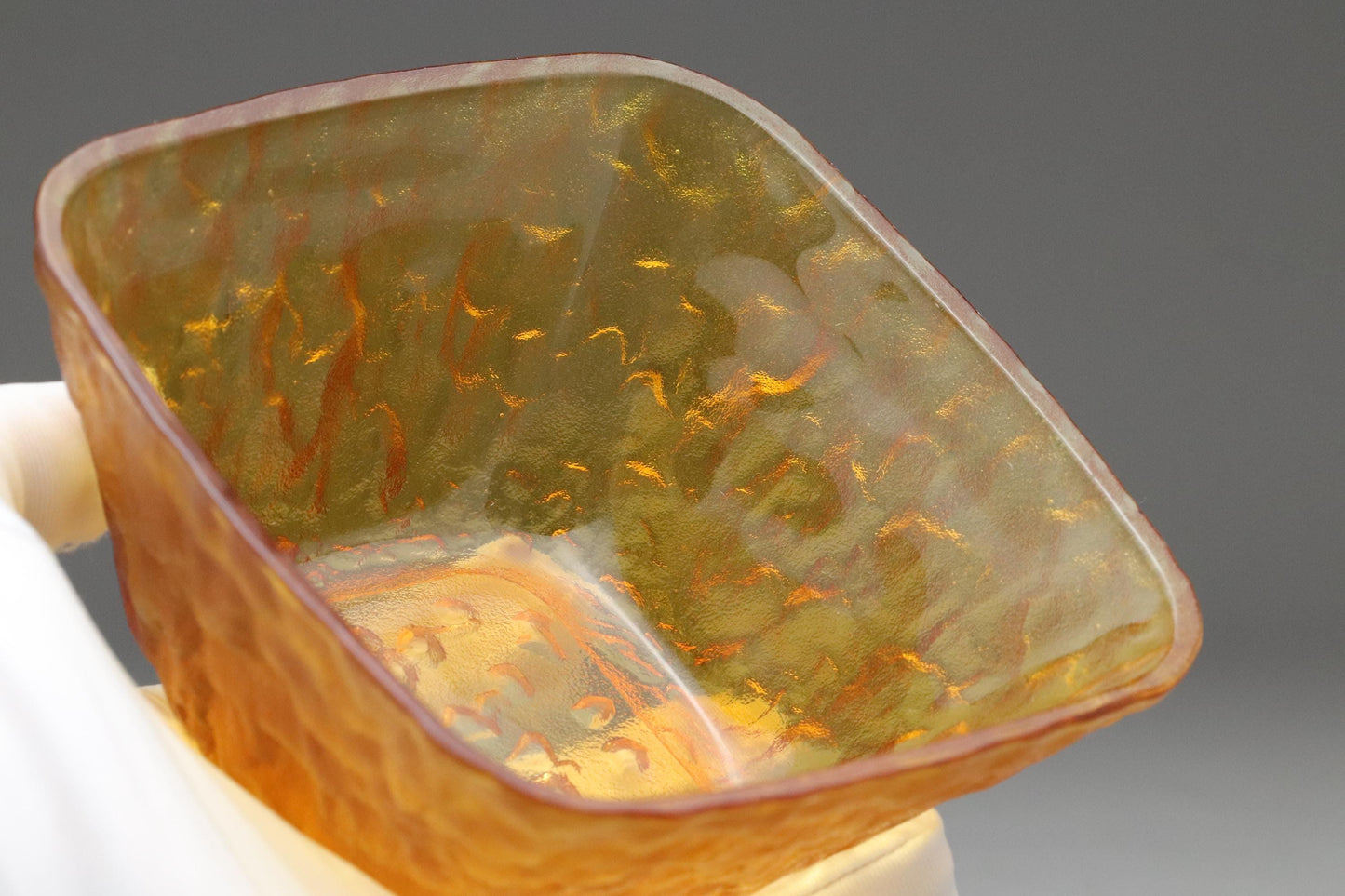 Amber Textured Glass Bowls Set of 5 – Japanese Art Glass, Handmade Frosted Finish, Mid Century Modern Dessert or Snack Dishes