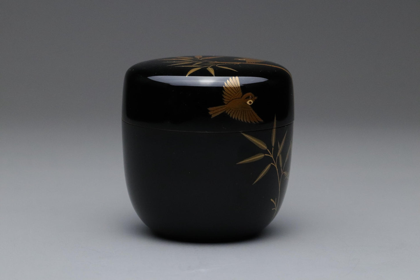 Authentic Wajima-nuri Natsume Tea Caddy Bamboo & Sparrow Makie Decor | Handmade Japanese Lacquerware for Matcha Tea Ceremony Artful Gift