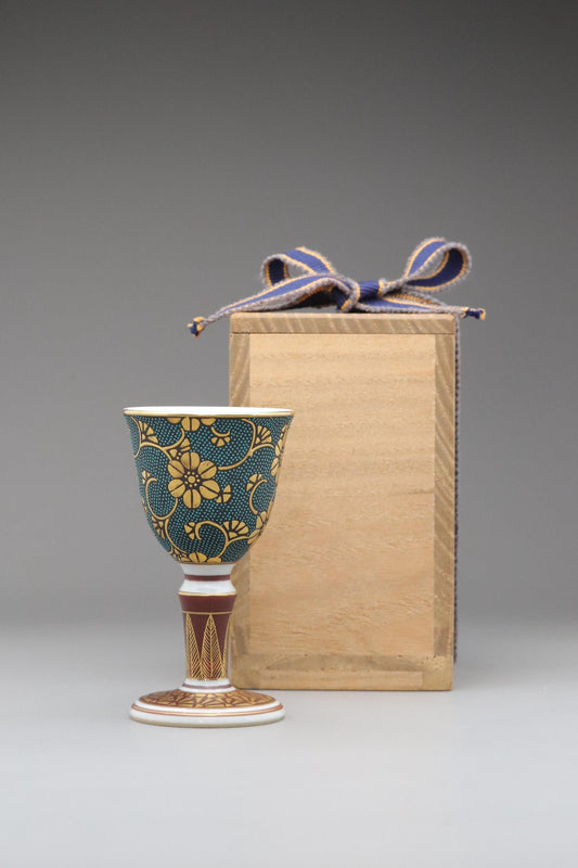 Vintage Japanese Kutani Ware Goblet by Gyokuhō II – Handcrafted Floral Porcelain Cup with Original Box – Mid Century Collectible Art"