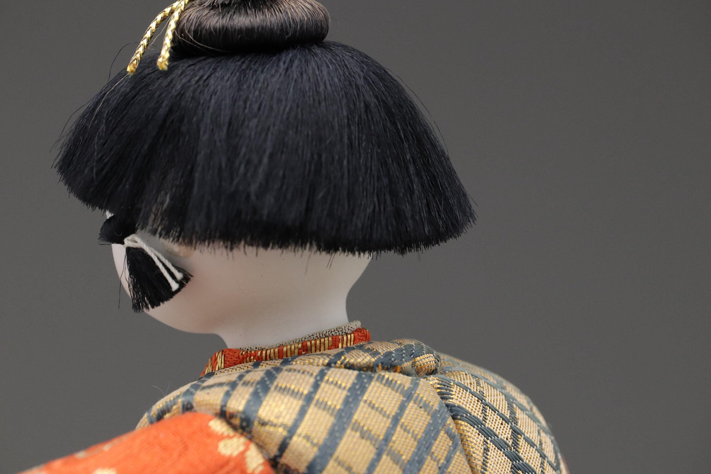 Japanese Kimekomi Boy Doll in Red Floral Kimono With Gold Check Vest – Handmade Traditional Figurine for Home Display or Cultural Art Decor